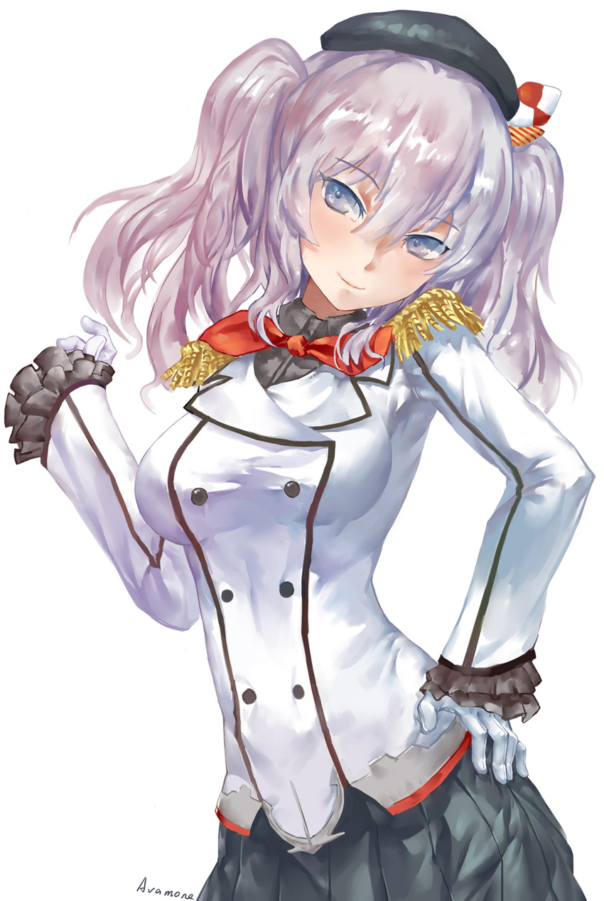 1girl artist_name avamone breasts buttons epaulettes gloves grey_eyes grey_hair hand_on_hip highres jacket kantai_collection kashima_(kantai_collection) large_breasts looking_at_viewer miniskirt sidelocks simple_background skirt smile solo twintails upper_body wavy_hair white_background white_gloves