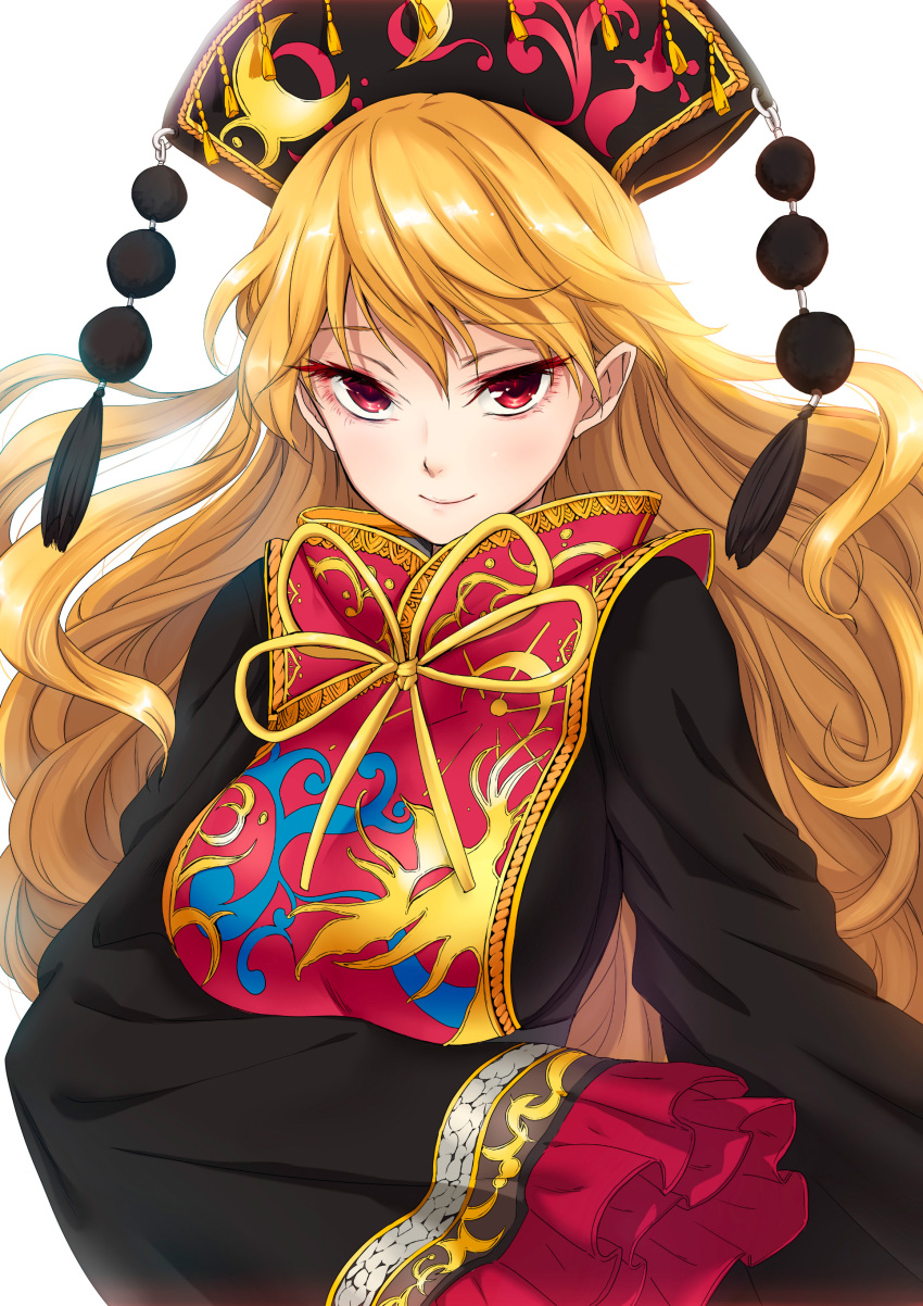 1girl absurdres big_hair black_dress blonde_hair breasts chikado chinese_clothes colored colored_eyelashes derivative_work dress ears floating_hair half-closed_eyes hat highres junko_(touhou) kietai_na large_breasts long_sleeves red_eyes ribbon shiny shiny_hair simple_background slit_pupils smile solo tabard touhou white_background wide_sleeves