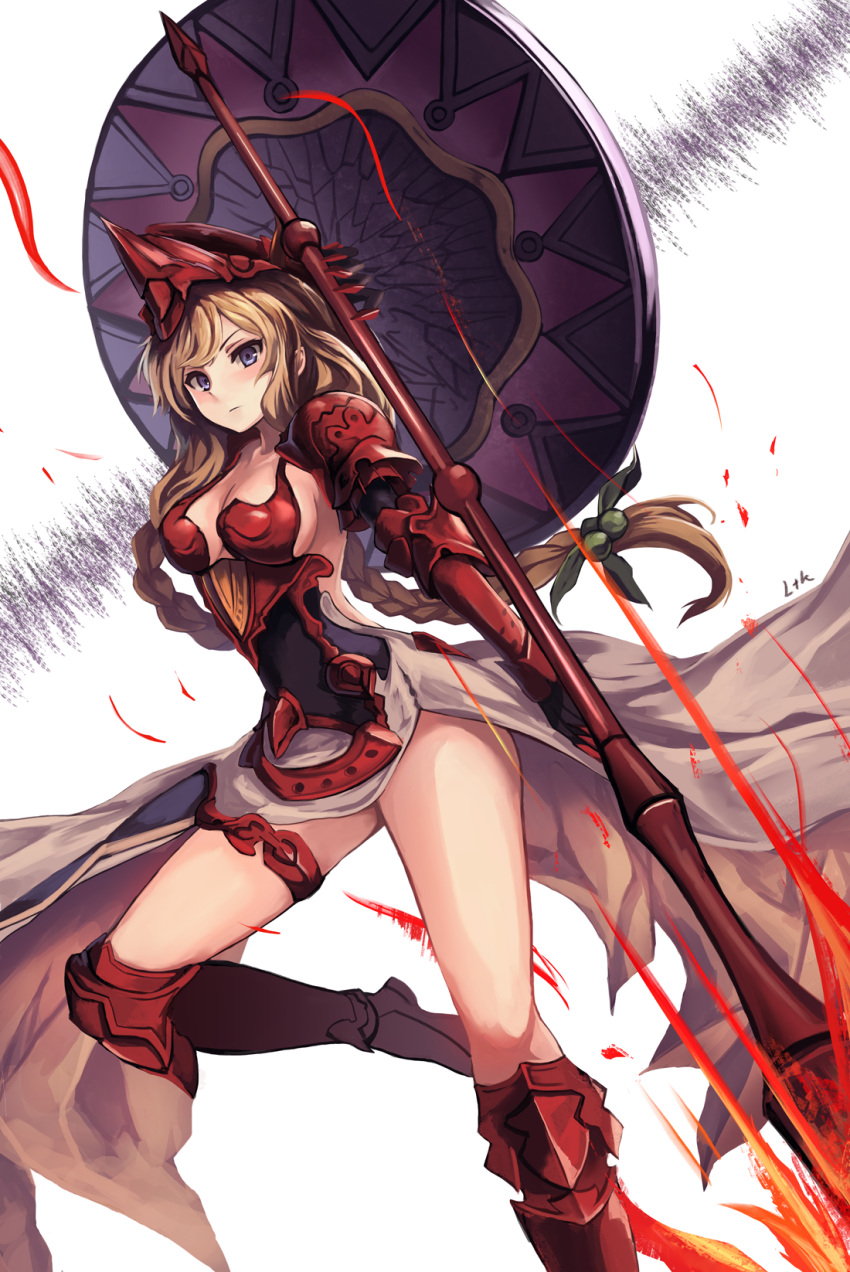 1girl arm_at_side arm_behind_head armor athena_(granblue_fantasy) bangs blue_eyes blush boots braid breasts brown_hair cleavage closed_mouth eruthika frown gauntlets granblue_fantasy hair_ornament highres holding_weapon long_hair looking_at_viewer pauldrons pelvic_curtain polearm simple_background solo swept_bangs thigh_strap twin_braids very_long_hair weapon white_background
