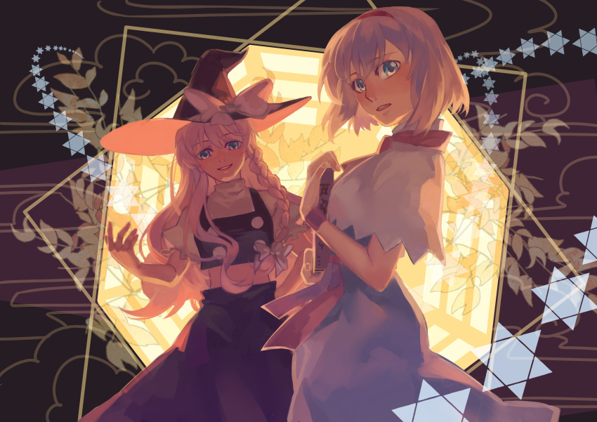 2girls absurdres alice_margatroid blonde_hair blue_dress blue_eyes book bow braid capelet crop_top dress grin hair_bow hair_ornament hairband hat hat_ribbon highres kirisame_marisa lilith-lily long_hair looking_at_viewer midriff multiple_girls necktie open_mouth puffy_sleeves ribbon sash short_hair short_sleeves side_braid single_braid skirt skirt_set smile touhou turtleneck vest witch_hat wrist_cuffs