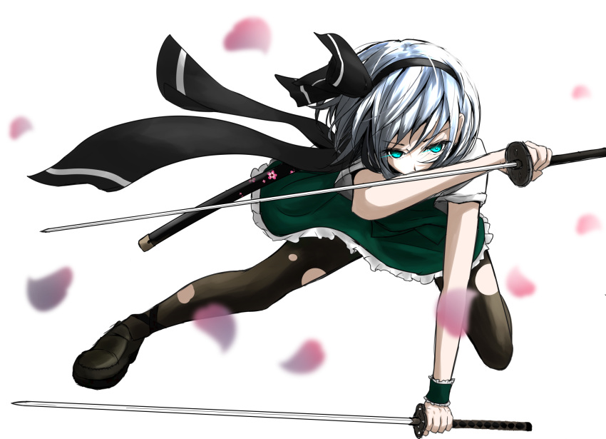 1girl akiyama_cz4a blue_eyes cherry_blossoms dual_wielding frilled_skirt frills full_body hairband highres katana konpaku_youmu mary_janes pantyhose reverse_grip ribbon scabbard scarf sheath shoes short_hair short_sleeves silver_hair simple_background skirt solo sword torn_clothes torn_pantyhose touhou unsheathed weapon white_background wristband