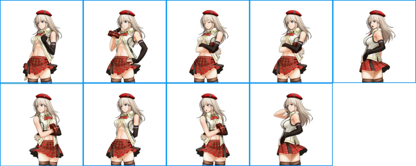 1girl alisa_ilinichina_amiella blue_eyes blush breasts cabbie_hat elbow_gloves fingerless_gloves gloves god_eater god_eater_2:_rage_burst hat long_hair official_art open_clothes pleated_skirt project_x_zone project_x_zone_2 screencap silver_hair skirt solo under_boob