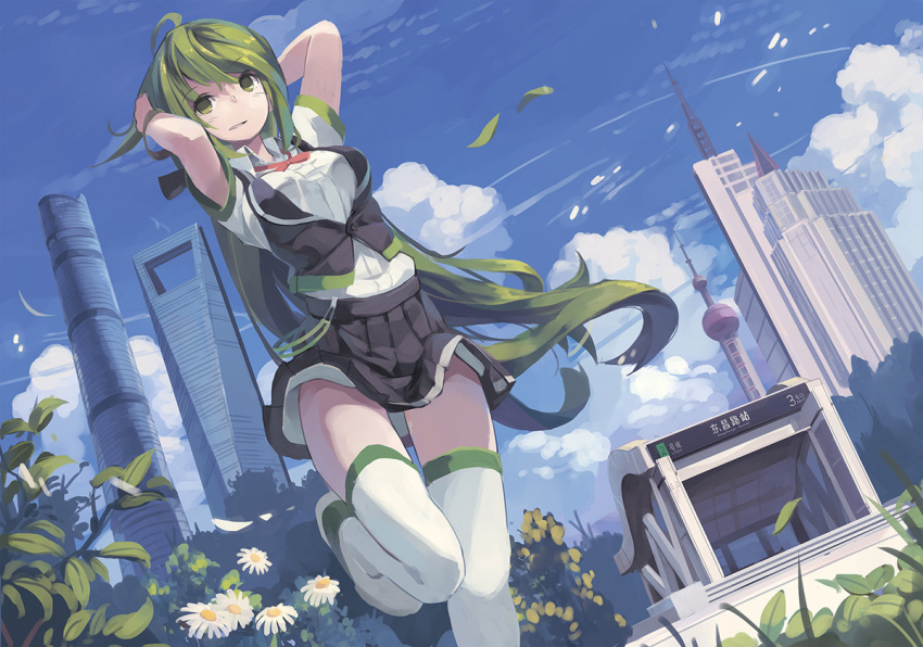 1girl ahoge arms_behind_head arms_up bangs black_skirt blue_sky building city clouds collared_shirt dress dutch_angle eyebrows eyebrows_visible_through_hair flower green_eyes green_hair hand_in_hair huanxiang_huifeng long_hair original outdoors personification pleated_skirt shanghai shirt shoes skirt sky solo standing_on_one_leg text thigh-highs tree very_long_hair vest white_flower white_legwear white_shirt white_shoes wind