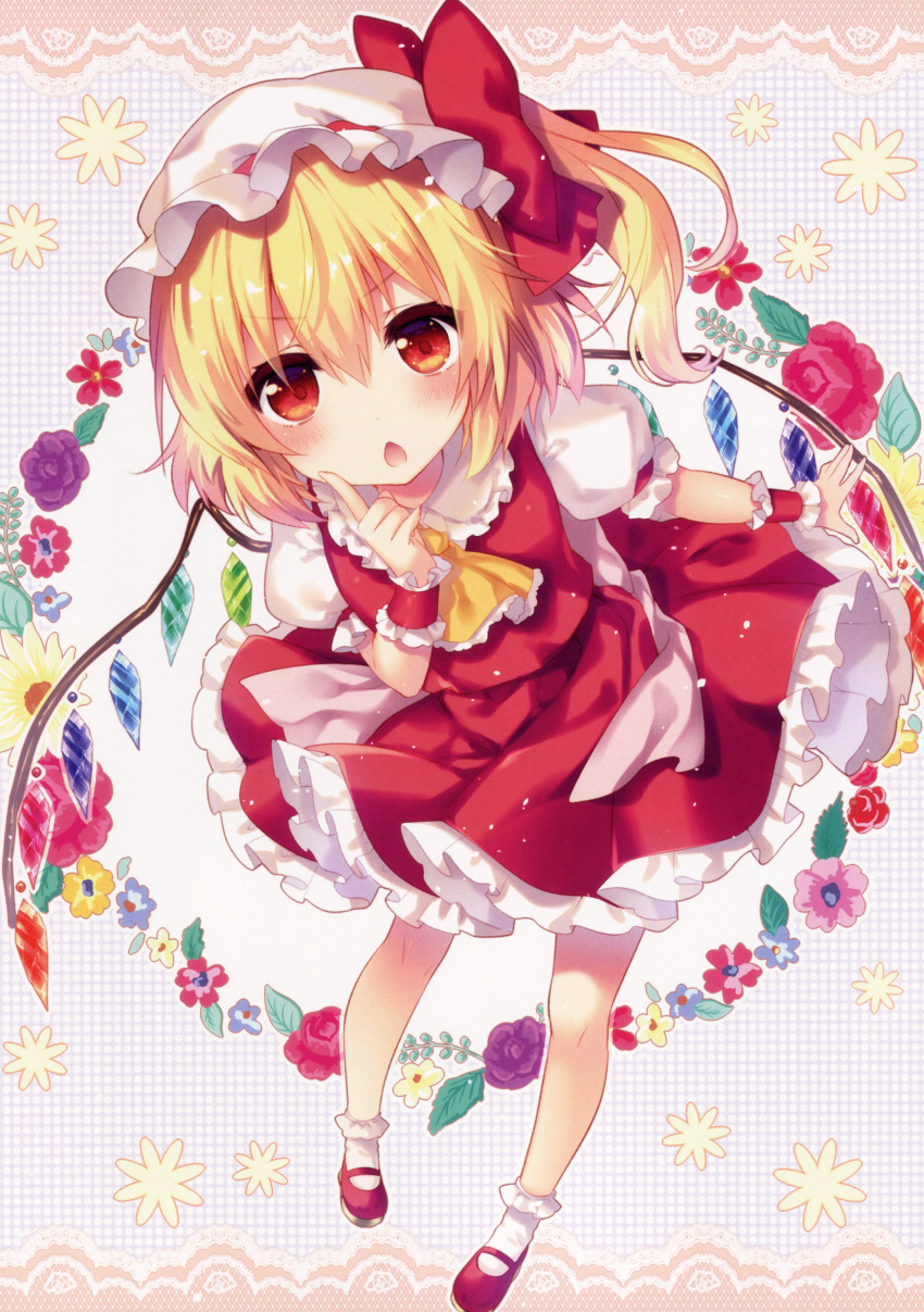 1girl absurdres ascot blush chestnut_mouth crystal flandre_scarlet floral_background full_body hat hat_ribbon highres looking_at_viewer mary_janes mob_cap open_mouth pointing pointing_up puffy_sleeves red_eyes ribbon riichu scan shirt shoes short_hair short_sleeves side_ponytail skirt skirt_set socks solo touhou vest white_legwear wings wrist_cuffs