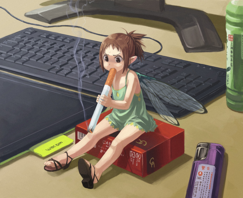 1girl bottle brown_eyes brown_hair chemise cigarette cigarette_box computer_keyboard fairy highres insect_wings lighter minigirl nishimura_(prism_engine) original pointy_ears ponytail sandals short_hair smoking solo tablet wacom wings