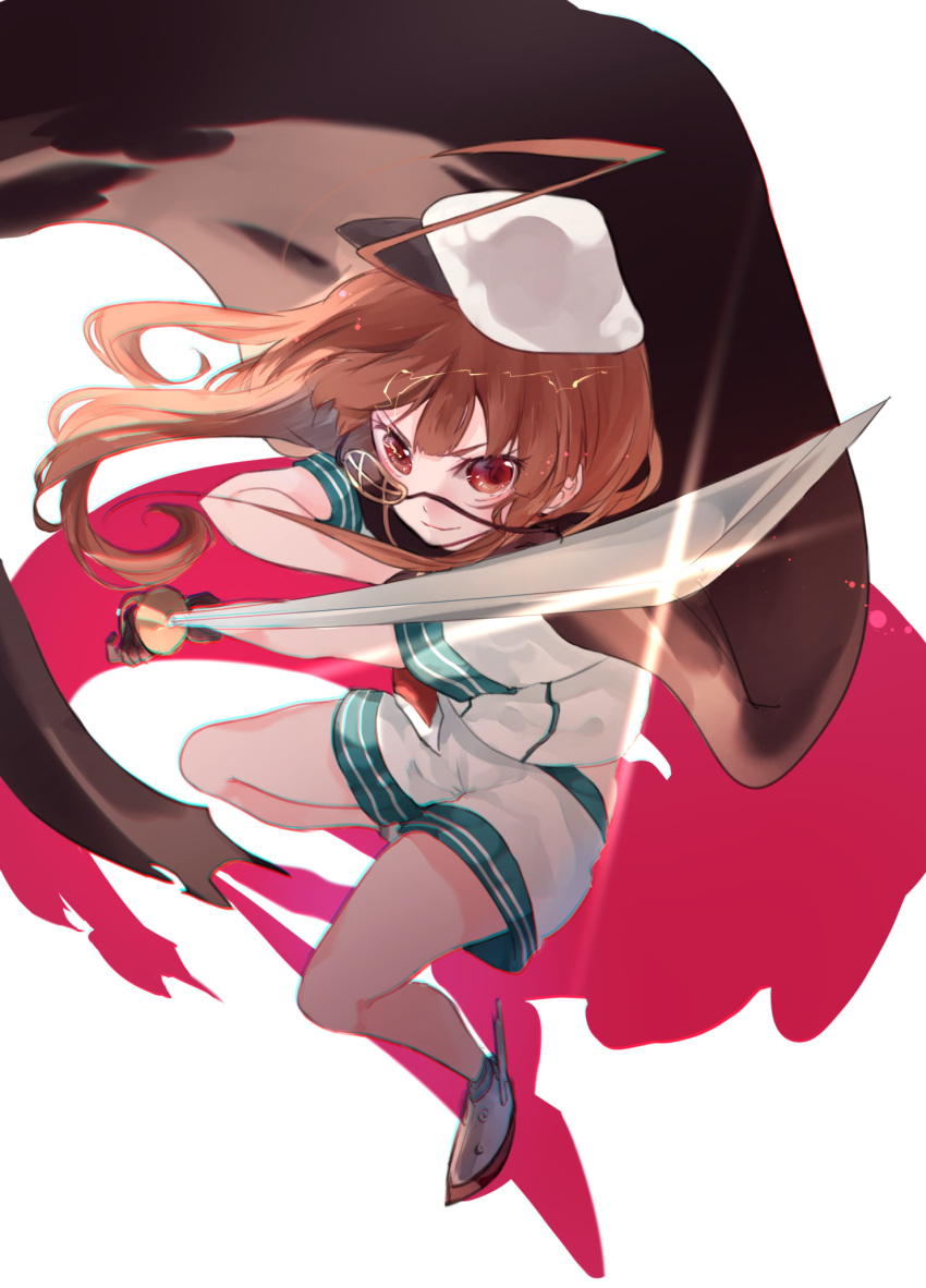 1girl ahoge brown_hair cape eyepatch eyepatch_removed fighting_stance full_body hat highres horizontal_stripes kantai_collection kiso_(kantai_collection)_(cosplay) kuma_(kantai_collection) light long_hair miwano_ragu pose red_eyes saber_(weapon) sailor shadow shoes short_sleeves shorts simple_background smile solo sword weapon