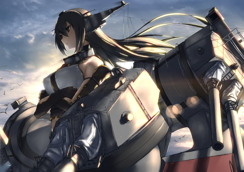 1girl arm_guards armlet backlighting bare_shoulders black_hair brown_eyes cannon choker crossed_arms elbow_gloves expressionless fingerless_gloves gloves hair_between_eyes headgear highres kantai_collection machinery nagato_(kantai_collection) navel outdoors rigging sky solo standing sunrise tsuuhan turret weapon