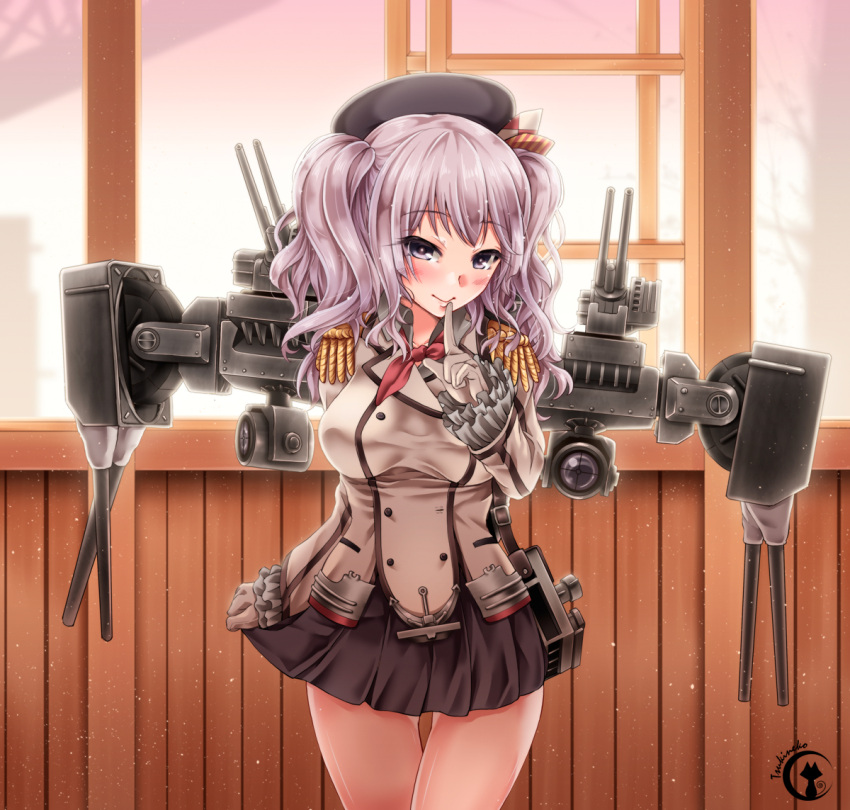 1girl anchor_symbol belt beret black_skirt blush breasts buckle buttons cannon collared_shirt cowboy_shot double-breasted epaulettes finger_to_mouth frilled_sleeves frills gloves grey_shirt hat index_finger_raised indoors jacket kantai_collection kashima_(kantai_collection) large_breasts long_hair looking_at_viewer machinery military military_uniform miniskirt purple_hair searchlight shirt shushing silver_hair skirt skirt_hold sky solo striped thigh_gap tree tsukineko turret twintails uniform violet_eyes wavy_hair white_gloves window wooden_wall