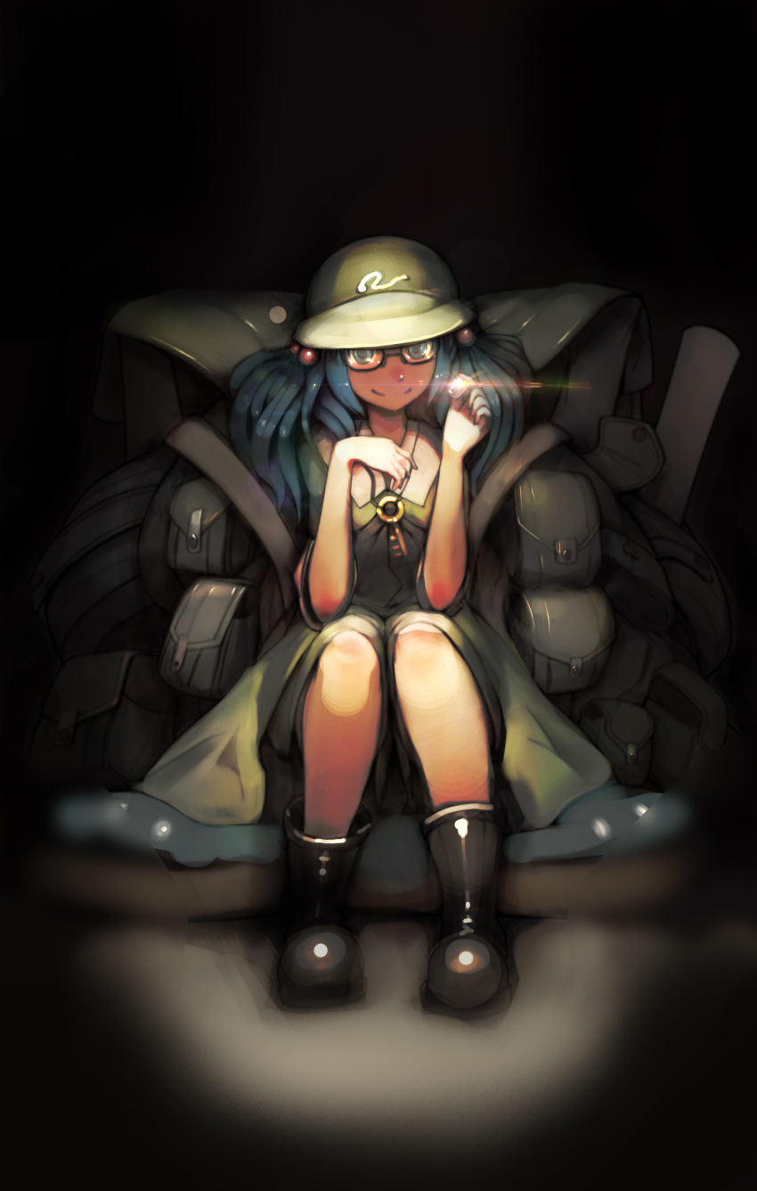1girl absurdres backpack bag bangs bespectacled black-framed_glasses black_background blue_eyes blue_hair boots cabbie_hat dark glasses hair_bobbles hair_ornament hat highres janyhero kawashiro_nitori key_necklace knees light long_sleeves rubber_boots shiny shiny_hair simple_background sitting sleeves_rolled_up smile solo sparkle touhou twintails two_side_up