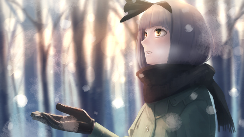 1girl amino_(tn7135) bangs black_gloves black_scarf blunt_bangs blurry blush bokeh breath coat depth_of_field forest gloves grey_hair hairband konpaku_youmu long_sleeves looking_up nature outdoors parted_lips raised_hand scarf short_hair snowing solo touhou tree upper_body winter winter_clothes yellow_eyes