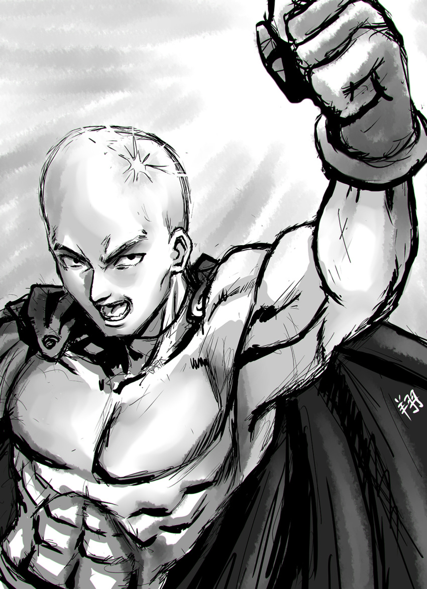 1boy abs bald cape clenched_hand highres muscle onepunch_man open_mouth pectorals ryu_shou saitama_(onepunch_man) sketch solo superhero uppercut
