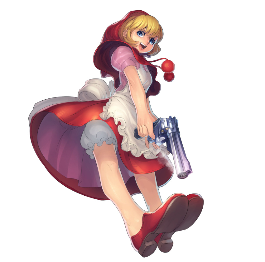 1girl :d absurdres apron bangs blonde_hair bloomers blue_eyes bulleta capelet dress fengmo finger_on_trigger frilled_apron from_below full_body gun handgun highres holding_gun holding_weapon hood looking_at_viewer open_mouth pom_pom_(clothes) puffy_short_sleeves puffy_sleeves red_dress red_hood red_shoes shoes short_hair short_sleeves simple_background smile smoke solo teeth tongue underwear upskirt vampire_(game) weapon white_background