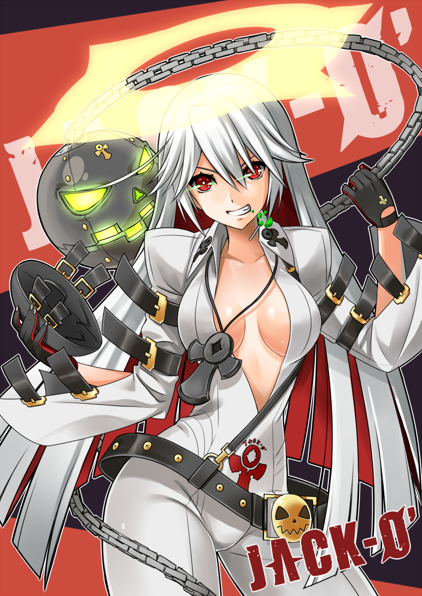 1girl ahoge ankh ball_and_chain bangs belt belt_buckle beltskirt bodysuit breasts breasts_apart buckle candy center_opening chain character_name cleavage clothes_writing collarbone contrapposto cowboy_shot emicii gloves glowing grin guilty_gear guilty_gear_xrd hair_between_eyes halo highres hips holding holding_mask jack-o_(guilty_gear) jewelry lollipop long_hair looking_at_viewer mask mask_removed multicolored_hair necklace no_bra outline red_eyes redhead smile solo studded_belt two-tone_hair very_long_hair white_hair