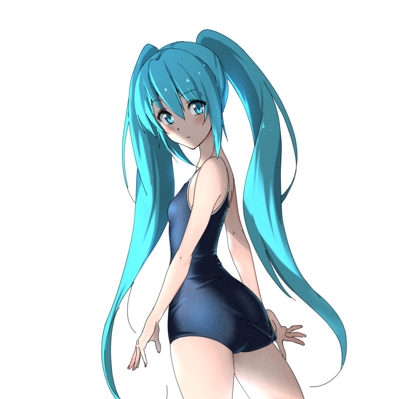 1girl absurdres adjusting_clothes adjusting_swimsuit aqua_eyes aqua_hair blush domo1220 hatsune_miku highres long_hair looking_at_viewer looking_back one-piece_swimsuit solo swimsuit twintails very_long_hair vocaloid