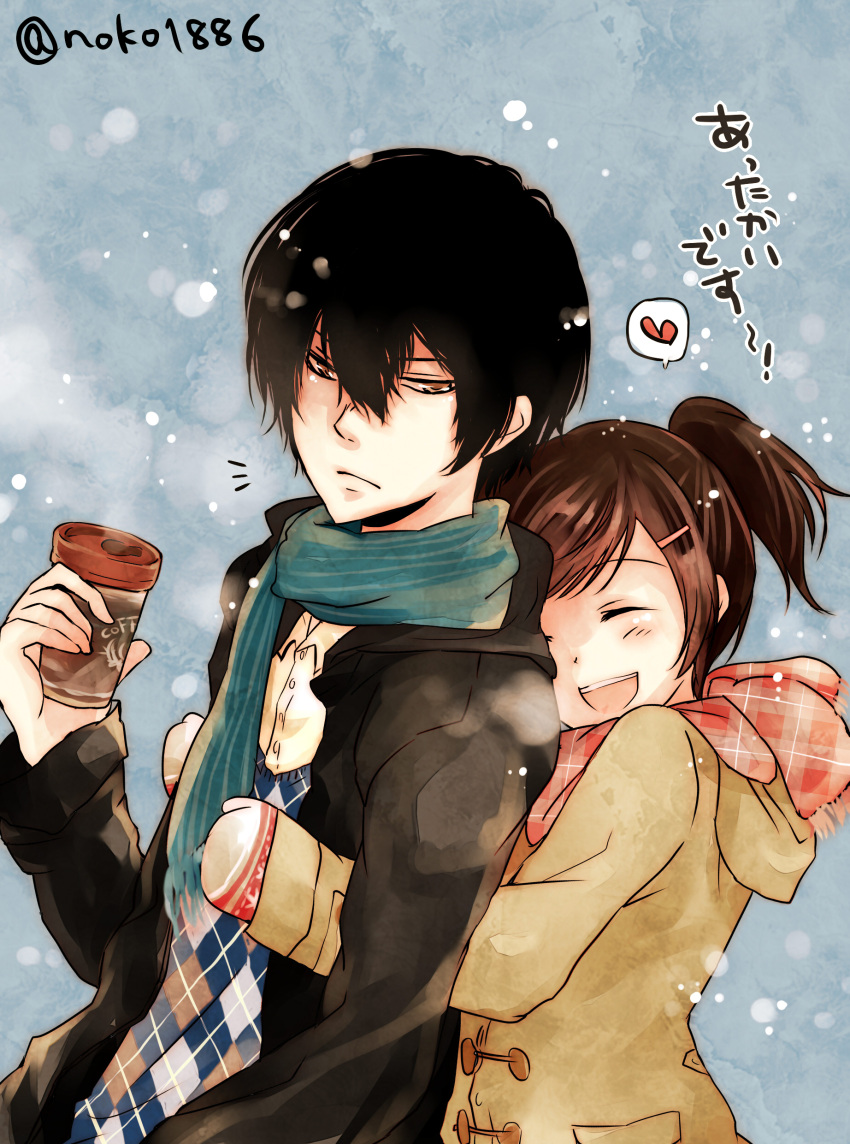 &gt;:( 1boy 1girl :d ^_^ absurdres artist_name bangs black_hair blue_scarf blush brown_eyes brown_hair checkered_scarf closed_eyes coat cup gloves hair_between_eyes hair_ornament hairclip happy heart hibari_kyouya highres holding hood hug hug_from_behind katekyo_hitman_reborn long_sleeves miura_haru noko_(noko1886) one_side_up open_clothes open_coat open_mouth red_scarf scarf short_hair smile snowflakes snowing spoken_heart swept_bangs translation_request upper_body winter_clothes winter_coat