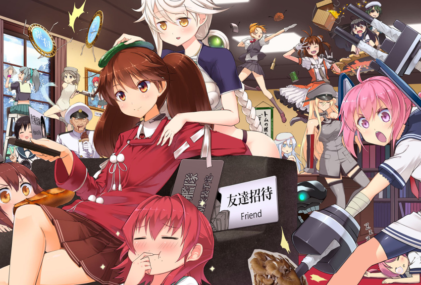 6+girls admiral_(kantai_collection) ahoge antenna_hair arm_support ass asymmetrical_hair baguette bare_shoulders bauxite bismarck_(kantai_collection) black_hair blonde_hair blue_eyes bookshelf box braid bread breasts brown_eyes brown_hair bruise cannon cape cartridge chopping cleaning_windows cleaver closed_eyes cloud_print colored_eyelashes controller couch crop_top cucumber detached_sleeves double_bun drum_(container) eating eyepatch floating flying_kick food food_on_head fubuki_(kantai_collection) gift gift_box glint gloves green_eyes grey_eyes grey_hair hair_between_eyes hair_ornament hand_on_another's_shoulder hat headgear hibiki_(kantai_collection) i-class_destroyer ice_cream_cone icons impaled indoors injury japanese_clothes jitome jumping kantai_collection kariginu kicking kinu_(kantai_collection) kiso_(kantai_collection) kriegsmarine ladder large_breasts light_smile long_hair looking_at_another looking_at_viewer looking_to_the_side lying magatama maikaze_(kantai_collection) maru-yu_(kantai_collection) mecha_musume midriff military military_hat military_uniform miniskirt multiple_girls naka_(kantai_collection) nenohi_(kantai_collection) nose_bubble nueco object_on_head official_style on_side one-piece_swimsuit one_eye_closed open_mouth orange_eyes outstretched_arm peaked_cap pink_hair pleated_skirt pom_pom_(clothes) ponytail portrait_(object) reclining red_shirt remote_control ryuujou_(kantai_collection) sailor_dress sazanami_(kantai_collection) school_uniform shinkaisei-kan shirt short_hair short_ponytail short_sleeves short_twintails silver_hair single_braid sitting skirt sleeping smile sparkle steel_ingot swimsuit tassel thigh-highs twintails uniform unryuu_(kantai_collection) ushio_(kantai_collection) v v_over_eye verniy_(kantai_collection) very_long_hair violet_eyes wall_scroll wavy_mouth white_gloves white_hair white_swimsuit yellow_eyes yukikaze_(kantai_collection) yuubari_(kantai_collection)