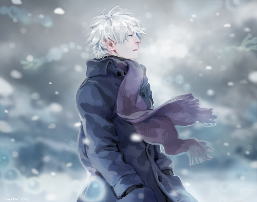 1boy aqua_eyes bangs black_gloves breath coat from_side ginko gloves hands_in_pockets jane_mere long_sleeves looking_away male_focus mushishi parted_lips purple_scarf scarf snow snowing solo white_hair winter