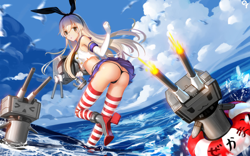 &gt;_&lt; 1girl :3 :o anchor_hair_ornament armpits ass black_panties blonde_hair brown_eyes closed_eyes clouds crop_top crop_top_overhang elbow_gloves firing gloves hair_ornament hair_ribbon innertube kantai_collection liangxing long_hair looking_at_viewer machinery midriff miniskirt ocean open_mouth panties rensouhou-chan ribbon shimakaze_(kantai_collection) skirt sky solo striped striped_legwear thigh-highs thong thong_panties triangle_mouth turret underwear