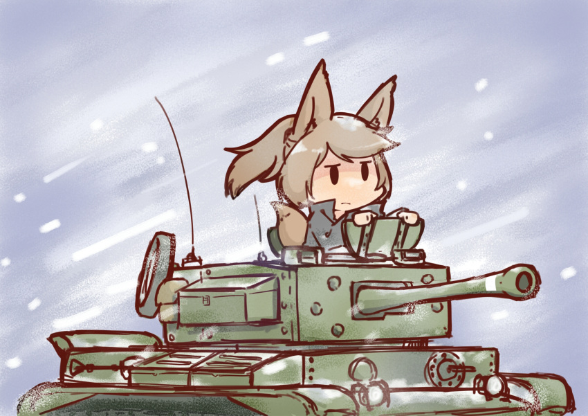 1girl animal_ears borisx brown_hair cromwell_(tank) highres military military_vehicle original snowing solo tail tank vehicle