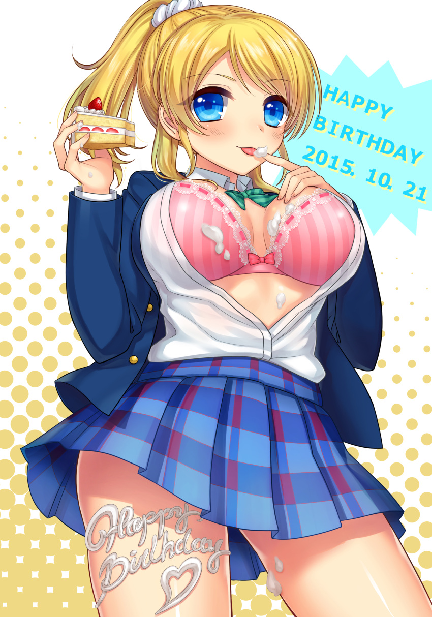 1girl :p absurdres ayase_eli blonde_hair blue_eyes bra breasts cake dated english food food_on_body food_on_clothes happy_birthday heart highres lace-trimmed_bra large_breasts looking_at_viewer love_live!_school_idol_project mashu_003 open_clothes open_shirt pink_bra ponytail scrunchie shirt strawberry_shortcake tongue tongue_out underwear whipped_cream