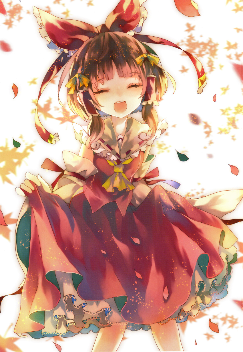 1girl absurdres ascot cha_goma closed_eyes detached_sleeves hair_ribbon hair_tubes hakurei_reimu happy highres huge_filesize japanese_clothes long_sleeves miko open_mouth petals ribbon scan shirt short_hair skirt skirt_hold skirt_set smile solo touhou white_background wide_sleeves