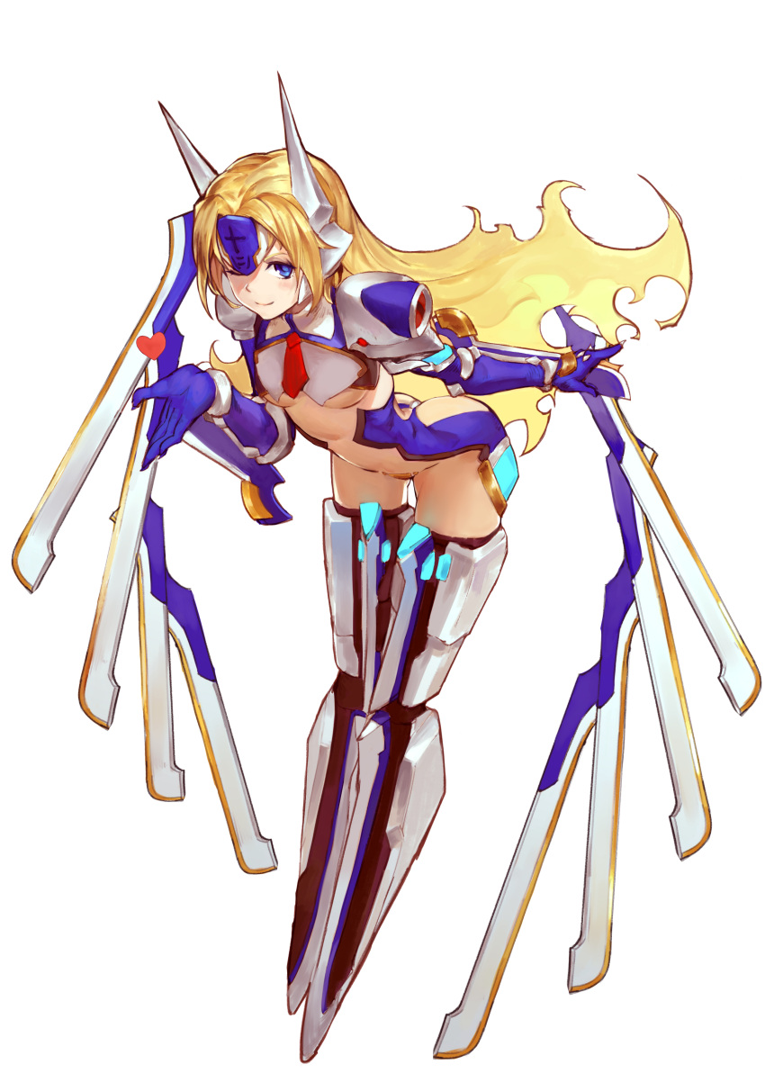 1girl absurdres armor ass atorosu bending_forward blazblue blazblue:_chronophantasma blonde_hair blown_kiss blue_eyes gloves heart highres long_hair midriff mu-12 noel_vermillion simple_background solo sword weapon white_background