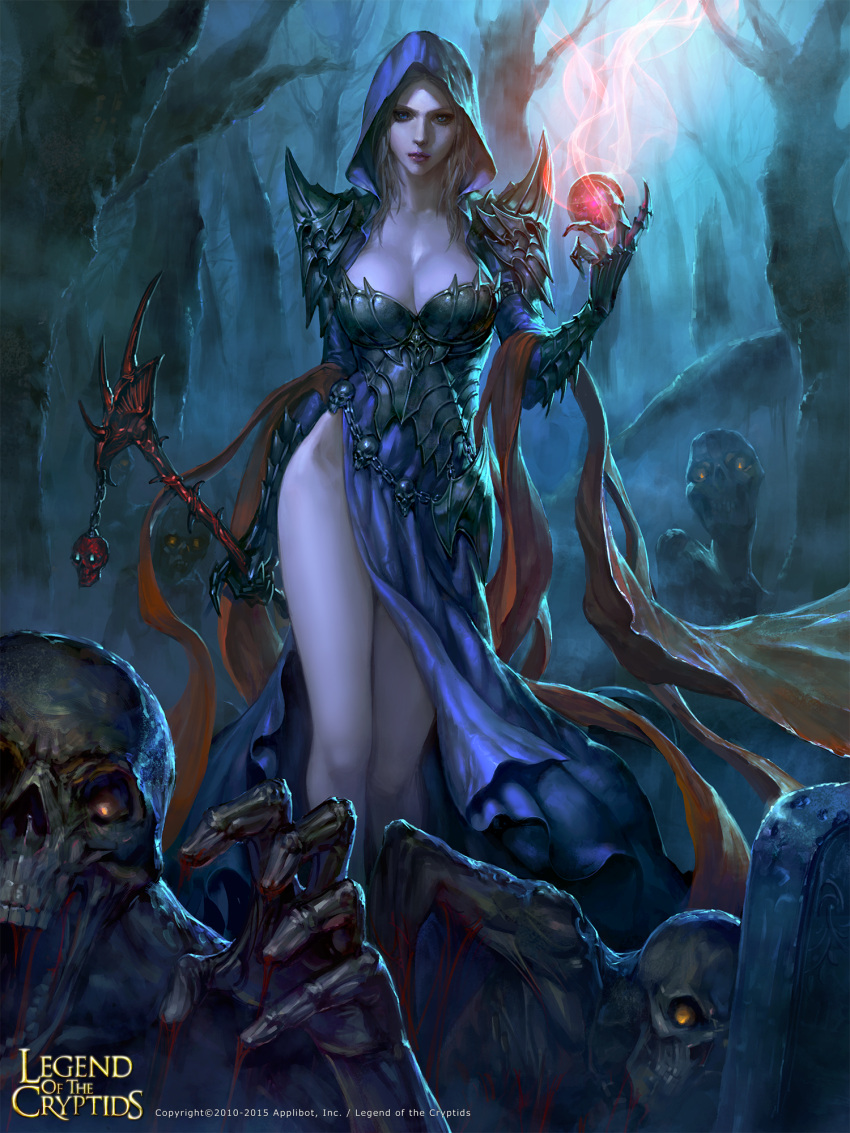 1girl armor armored_dress bare_legs blonde_hair blood blue_dress blue_eyes breastplate breasts cleavage company_name copyright_name dress expressionless fantasy forest gauntlets glowing glowing_eyes gown highres hip_bones hood large_breasts legend_of_the_cryptids lips looking_at_viewer magic nature night no_panties orb outdoors ozma pauldrons shawl shoulder_spikes side_slit skull spikes staff standing teeth tombstone tree watermark zombie