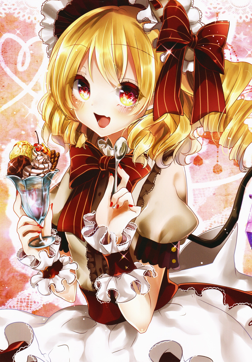 1girl absurdres alternate_costume alternate_headwear apron blonde_hair blush dress drill_hair fang flandre_scarlet food hairband heart heart-shaped_pupils highres huge_filesize ice_cream looking_at_viewer nail_polish open_mouth puffy_sleeves red_eyes ribbon sash scan shanghai_bisu short_hair short_sleeves side_ponytail smile solo sparkle spoon symbol-shaped_pupils touhou waist_apron wings wrist_cuffs