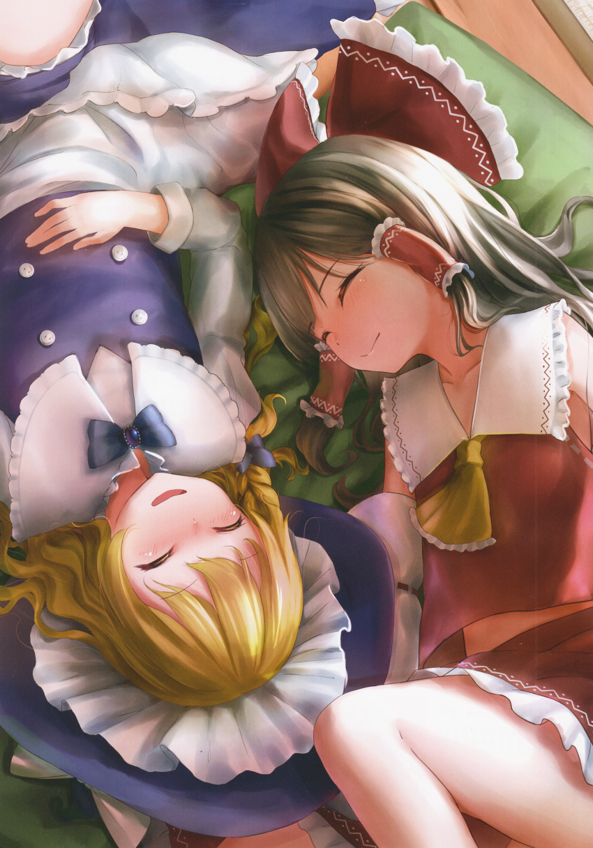 2girls absurdres apron artist_request ascot blonde_hair blush bow bowtie braid brown_hair closed_eyes detached_sleeves full-face_blush hair_bow hair_ornament hair_ribbon hair_tubes hakurei_reimu hand_on_own_stomach hat highres huge_filesize japanese_clothes kirisame_marisa long_hair long_sleeves lying miko multiple_girls on_back on_side open_mouth ribbon scan shirt side_braid single_braid skirt skirt_set smile touhou upside-down waist_apron wide_sleeves witch_hat