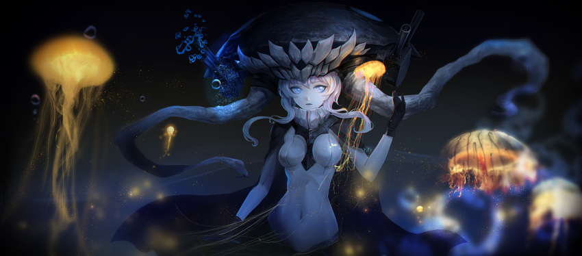 1girl blue_eyes breasts bubble cape hat highres jellyfish kantai_collection looking_at_viewer pcw shinkaisei-kan silver_hair skindentation solo underwater water wo-class_aircraft_carrier