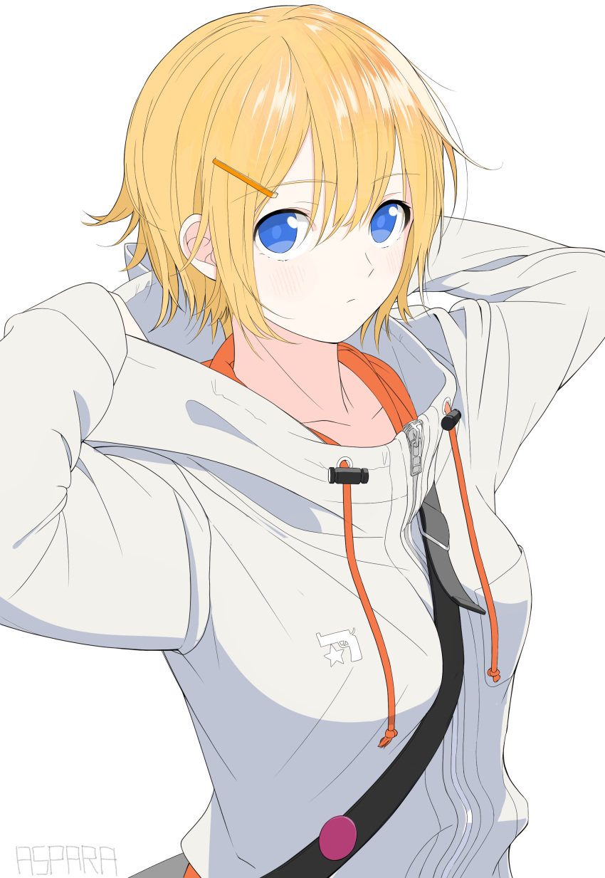 1girl absurdres adjusting_clothes artist_name aspara bag bangs between_breasts blonde_hair blue_eyes blush closed_mouth eyebrows eyebrows_visible_through_hair frown hair_between_eyes hair_ornament hairclip hands_up highres hood_down hooded_jacket long_sleeves original short_hair shoulder_bag simple_background solo star upper_body white_background zipper