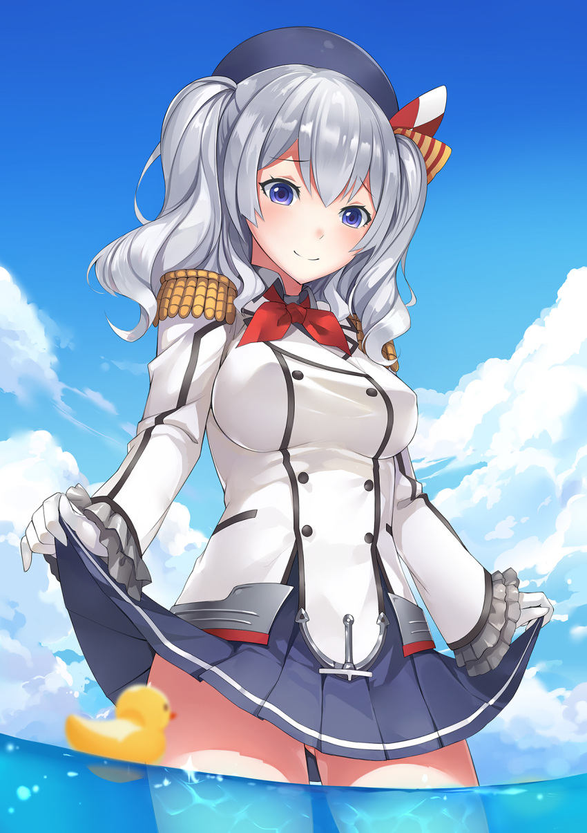 1girl beret blue_eyes breasts buttons epaulettes gloves hat highres jacket kantai_collection kashima_(kantai_collection) kerchief large_breasts long_hair military military_uniform miniskirt ocean rubber_duck silver_hair skirt smile solo twintails uniform water wavy_hair white_gloves yuki_(clydtc)