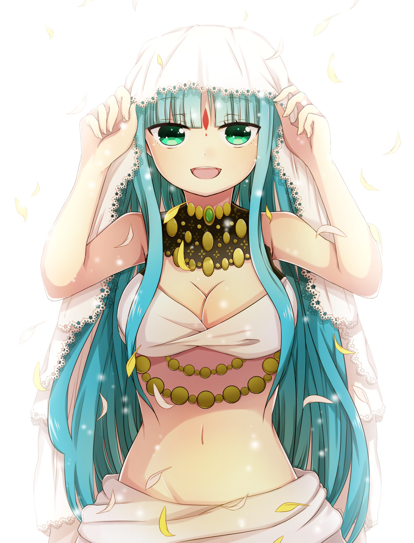 1girl absurdres akiran'nu bare_shoulders breasts cleavage facial_mark forehead_mark green_eyes headdress highres jewelry long_hair looking_at_viewer midriff navel open_mouth parvati_(p&amp;d) petals puzzle_&amp;_dragons solo very_long_hair