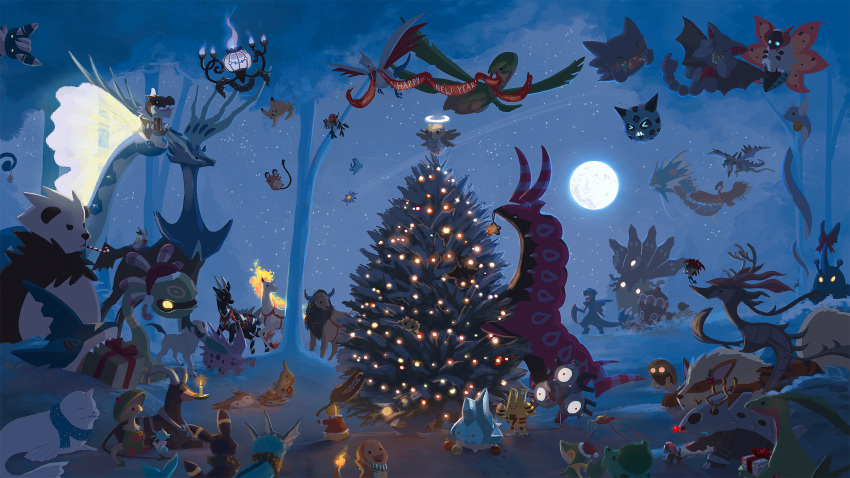 &gt;_&lt; :d absol aerodactyl arcanine aron aurorus banner bergmite breloom bulbasaur candle candy candy_cane chandelure charmander christmas christmas_ornaments christmas_tree claydol closed_eyes cradily dedenne dewgong dragalge dragonair elekid everyone fake_antlers falling fearow fletchling floette flying full_moon furret garchomp gift glalie gliscor glowing glowing_eyes goomy grovyle gyarados halo happy_new_year hat haunter heracross highres horsea houndoom joltik kabuto_(pokemon) kezrek lairon lanturn larvitar magneton mantyke mawile mega_aerodactyl mega_garchomp mega_gyarados meowstic mistletoe moon new_year nidorino night no_humans open_mouth pangoro pikachu pokemon pokemon_(creature) pumpkaboo rapidash santa_hat scarf scolipede sharpedo shedinja skarmory sky smile snivy star_(sky) starmie starry_sky surskit tauros tree tropius tyrunt umbreon vaporeon volcarona wartortle xerneas zebstrika zygarde