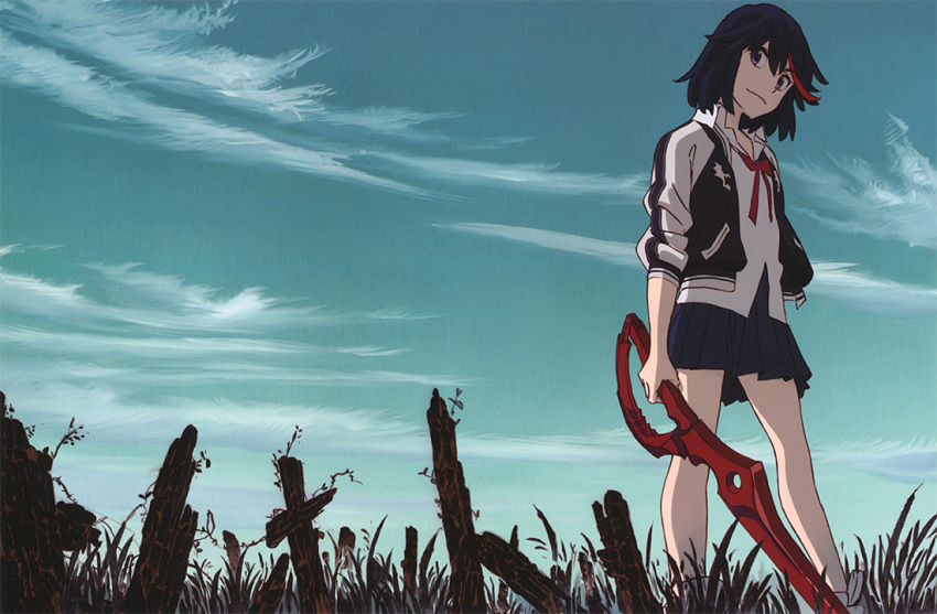 1girl black_hair jacket kill_la_kill letterman_jacket matoi_ryuuko multicolored_hair official_art redhead ribbon scissor_blade short_hair skirt sleeves_pushed_up solo sushio two-tone_hair weapon