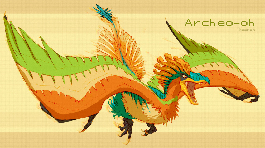 archeops artist_name claws fusion highres ho-oh kezrek no_humans open_mouth orange_eyes pokemon pokemon_(creature) sharp_teeth solo wings