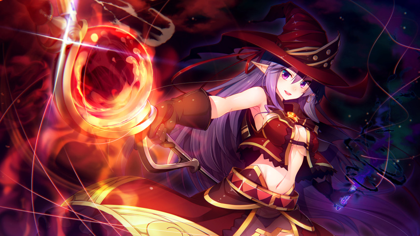 1girl belt breasts game_cg hat holding_weapon long_hair magic midriff navel open_mouth potion purple_hair shannon_fiszer sleeveless smile solo staff tou_no_shita_no_exercitus under_boob violet_eyes weapon witch witch_hat