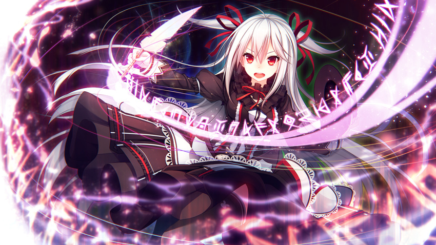 1girl albino calligraphy_brush chloe_oudiaar feathers floating_hair frills game_cg hair_ornament hair_ribbon happy holding long_hair long_sleeves magic open_mouth paintbrush red_eyes red_ribbon ribbon round_teeth runes solo teeth tou_no_shita_no_exercitus twintails two_side_up very_long_hair white_hair