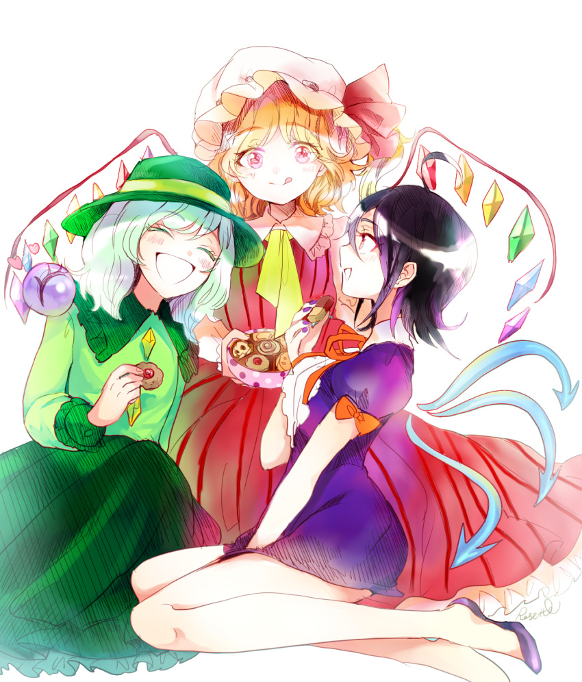 3girls adapted_costume artist_name black_hair blonde_hair blush bow closed_eyes colored_eyelashes cookie diamond_(shape) dress eating flandre_scarlet food frilled_collar frilled_skirt frills green_hair green_skirt happy hat hat_bow highres houjuu_nue komeiji_koishi legs long_skirt long_sleeves mob_cap multicolored_hair multiple_girls nail_polish open_mouth pink_eyes purple_dress purple_nails purple_shoes red_dress ribbon rosette_(roze-ko) shoes short_dress short_hair short_sleeves side_ponytail simple_background single_wing skirt smile striped striped_dress thighs third_eye touhou two-tone_hair white_background wings