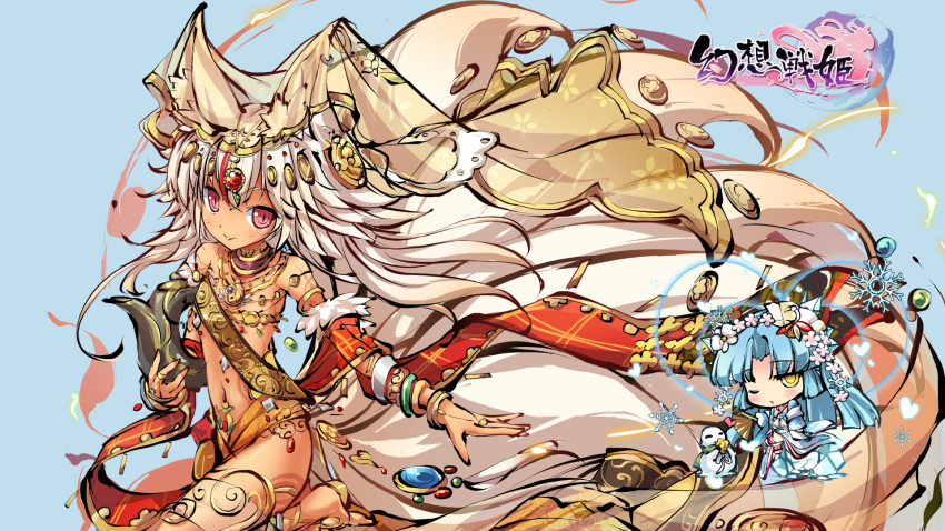 2girls animal_ears anklet artist_request barefoot blue_hair bracelet brown_eyes character_request chibi fan flower_wreath folding_fan fox_ears highres japanese_clothes jewelry kimono long_hair long_tail multiple_girls multiple_tails navel one_eye_closed red_eyes ring slit_pupils smile snowman tail veil white_hair