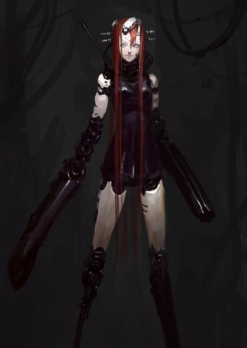 1girl android blame! cable cyberpunk cyborg dark_background hair_between_eyes highres long_hair maeve mechanical_arm redhead robot_joints robotic_legs science_fiction silicon_creature sketch smile solo strabismus tuzki very_long_hair white_eyes