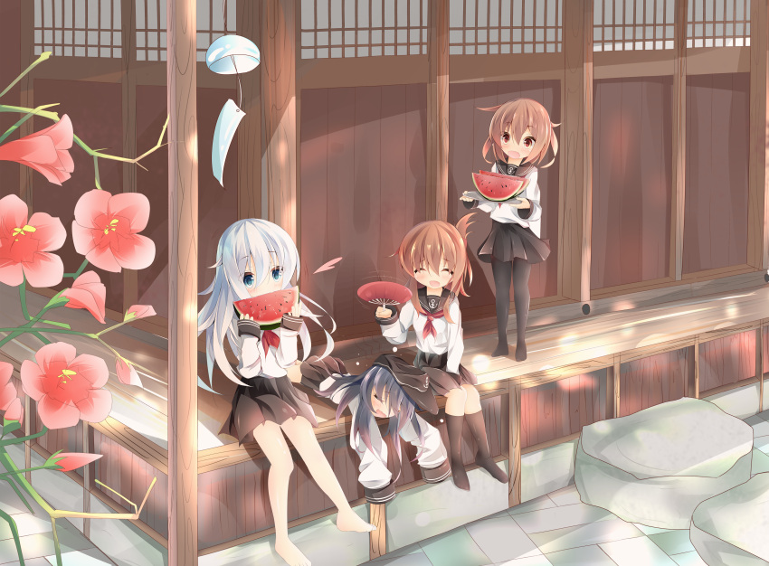 4girls absurdres akatsuki_(kantai_collection) anchor_symbol architecture badge black_hair black_legwear blue_eyes brown_hair commentary_request dish east_asian_architecture eating fan fanning flat_cap folded_ponytail food fruit hair_between_eyes hair_ornament hat hibiki_(kantai_collection) highres ikazuchi_(kantai_collection) inazuma_(kantai_collection) kantai_collection kushida_you long_hair lying messy_hair multiple_girls neckerchief on_stomach open_mouth pantyhose paper_fan porch school_uniform serafuku short_hair silver_hair skirt smile uchiwa watermelon white_hair