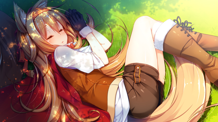1girl animal_ears black_gloves boots closed_eyes fox_ears fox_girl fox_tail from_above game_cg gloves grass hairband hands_together legs_together long_hair lying orange_ribbon ribbon rico_terra short_sleeves shorts sleeping solo tail tou_no_shita_no_exercitus