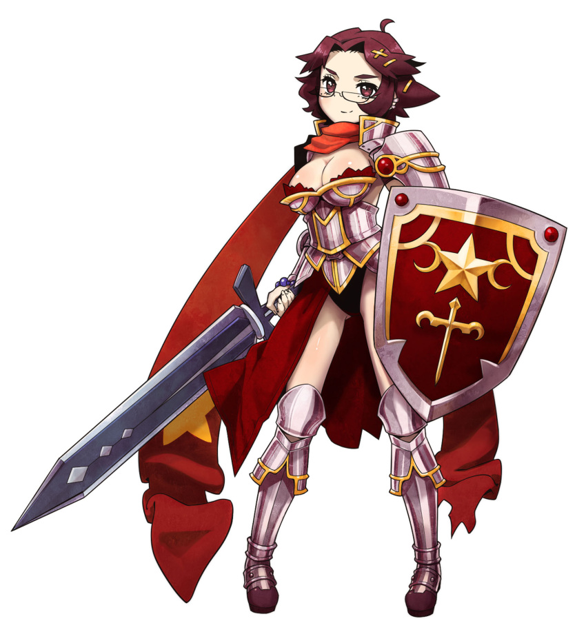 1girl armor armored_boots breasts brown_hair cleavage criminal_girls full_body glasses hair_ornament hairclip highres holding ichihaya large_breasts pigeon-toed ran_(criminal_girls) red_eyes scarf short_hair simple_background smile solo sword weapon white_background