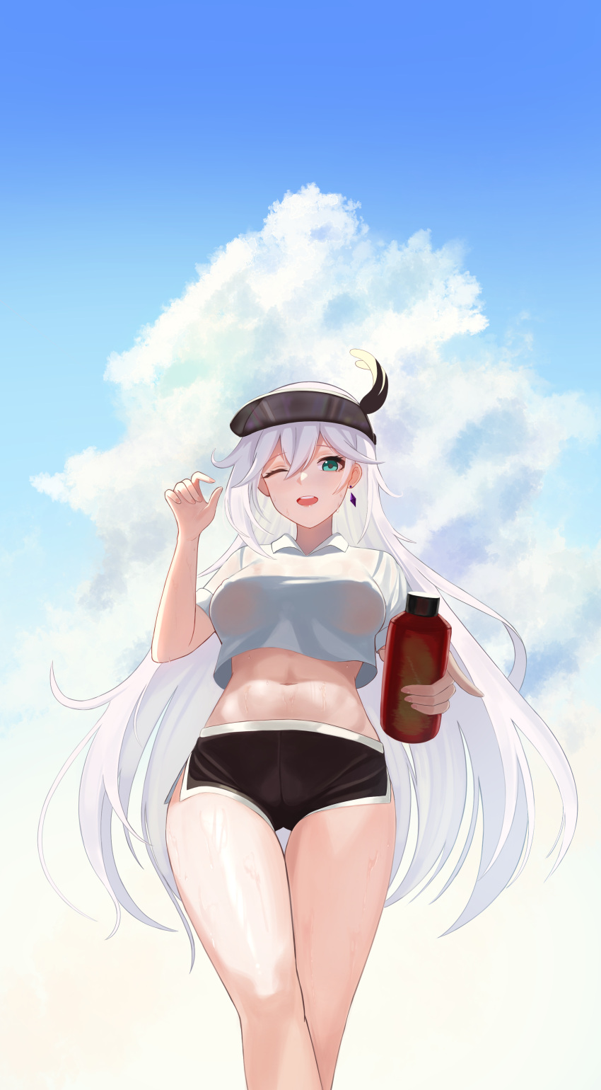 1girl ;d absurdres aircell black_shorts blue_sky bottle breasts cecilia_schariac clouds collared_shirt crop_top crop_top_overhang day dolphin_shorts earrings green_eyes hand_up highres holding honkai_(series) honkai_impact_3rd jewelry large_breasts long_hair looking_at_viewer midriff navel one_eye_closed open_mouth outdoors shirt short_shorts short_sleeves shorts side_slit sky smile solo standing stomach thigh_gap thighs very_long_hair visor_cap water_bottle white_hair white_shirt