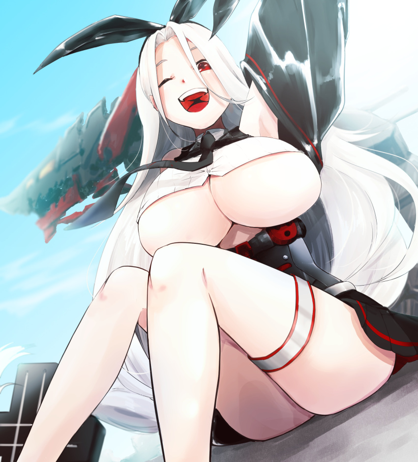 1girl azur_lane black_sleeves breasts crop_top detached_sleeves eyebrows_visible_through_hair hair_between_eyes hair_ribbon hatte_(bsrmkr) high-waist_skirt highres large_breasts long_hair looking_at_viewer open_mouth pleated_skirt prinz_heinrich_(azur_lane) red_eyes ribbon skirt solo tongue tongue_out under_boob upper_teeth very_long_hair white_hair