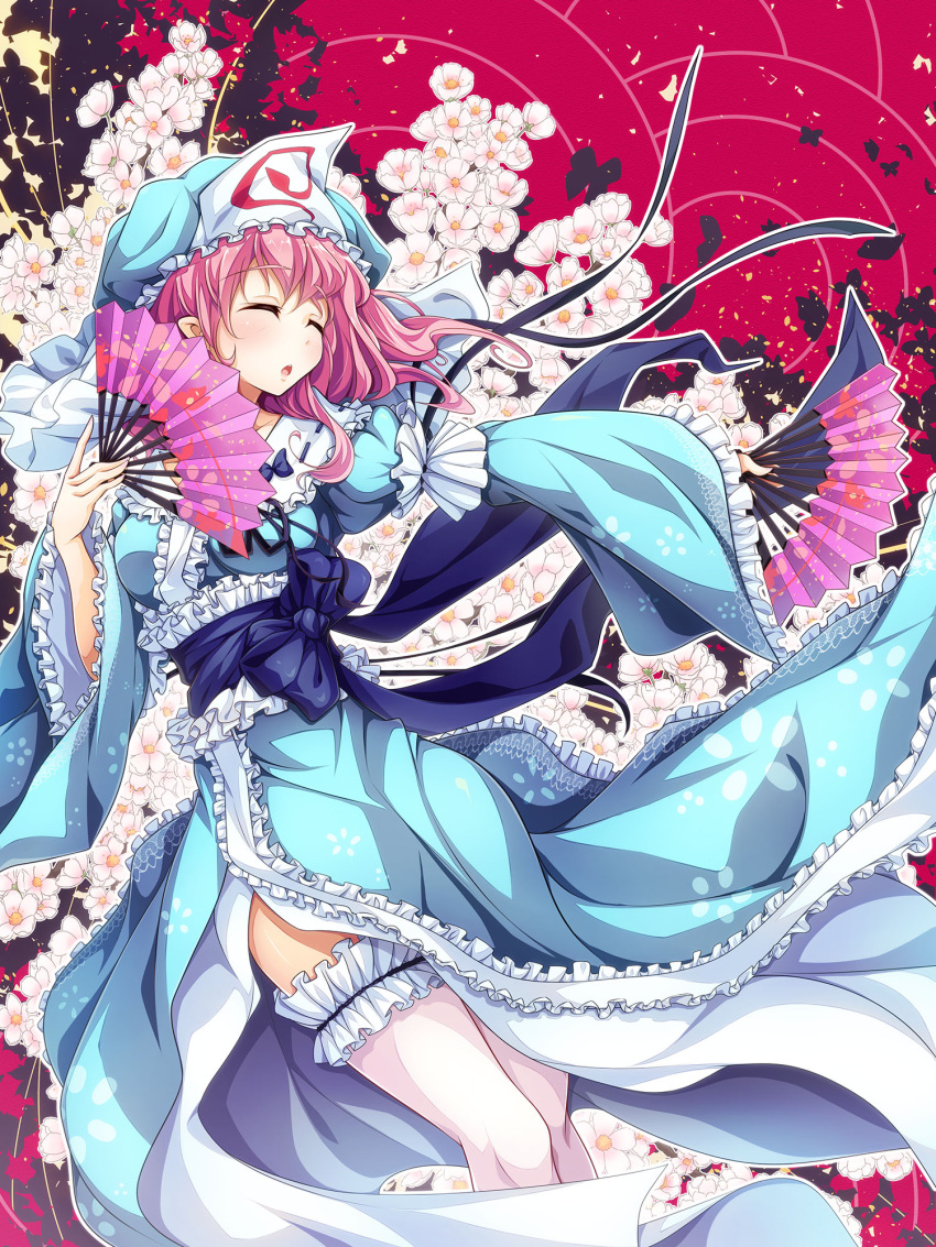 1girl breasts cherry_blossoms closed_eyes cowboy_shot dual_wielding fan folding_fan frilled_kimono frills garters hat highres iwayuu japanese_clothes kimono looking_to_the_side open_mouth outstretched_arm pink_hair saigyouji_yuyuko short_hair solo thigh-highs touhou triangular_headpiece