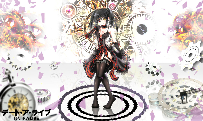 1girl absurdres bare_shoulders black_hair breasts cleavage clock copyright_name date_a_live elbow_gloves garter_straps gears gloves heterochromia highres knees_together_feet_apart looking_at_viewer open_mouth red_eyes smile solo thigh-highs tokisaki_kurumi tsubasaki twintails yellow_eyes