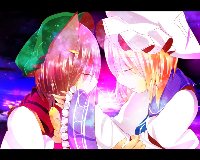 2girls animal_ears blonde_hair brown_hair cat_ears chen closed_eyes commentary_request crying expressionless eyelashes facing_another hands_on_another's_face hat highres jewelry konbukonnukko letterboxed light_smile long_sleeves mob_cap mountain multiple_girls pillow_hat single_earring sleeves_past_wrists sunset tears touhou upper_body yakumo_ran