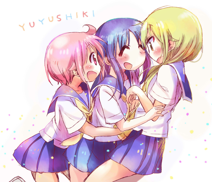 3girls absurdres blonde_hair blue_hair closed_eyes highres hinata_yukari ichii_yui long_hair multiple_girls nonohara_yuzuko pink_hair red_eyes school_uniform serafuku short_hair tatsunokosso yellow_eyes yuyushiki